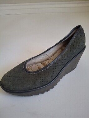 Fly London Yoni Olive Green Perforated Suede Wedge